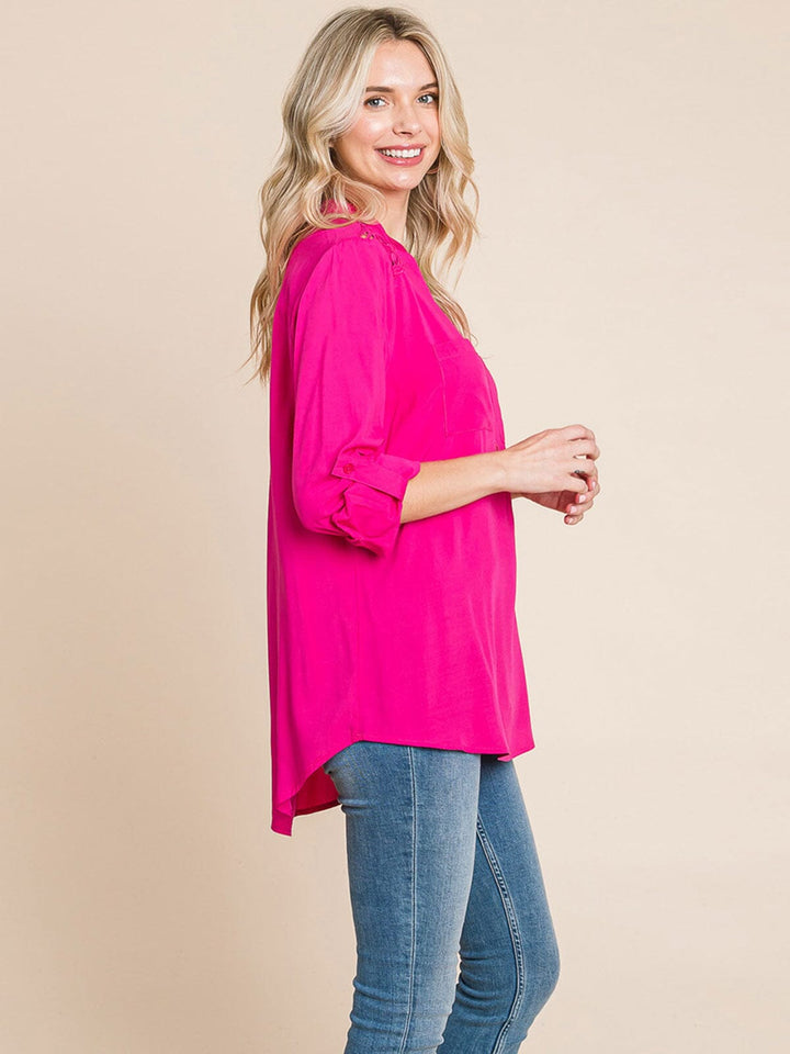 WOMEN'S LONG SLEEVE V-NECK BUTTON UP FRONT POCKETS HIGH-LOW TUNIC BLOUSE