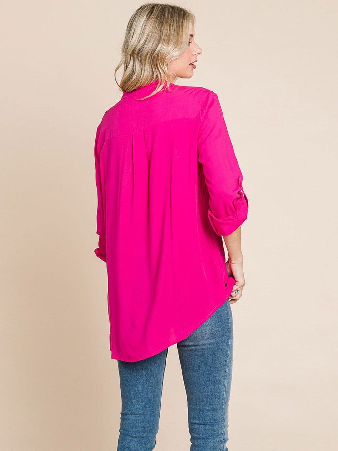 WOMEN'S LONG SLEEVE V-NECK BUTTON UP FRONT POCKETS HIGH-LOW TUNIC BLOUSE