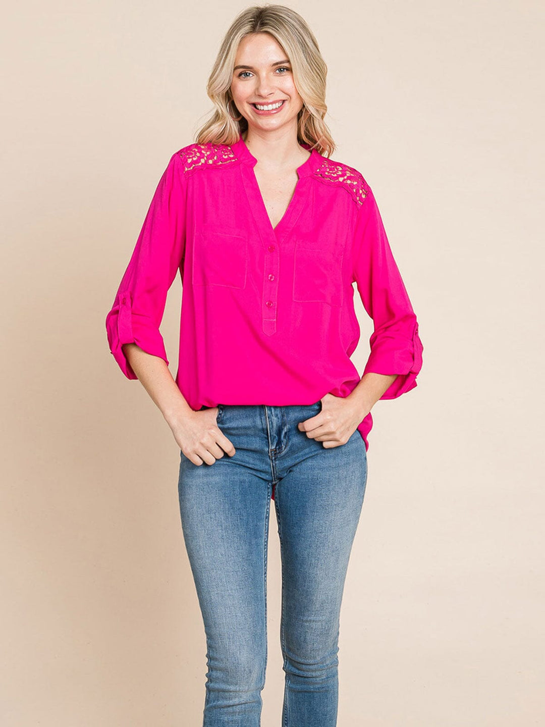 WOMEN'S LONG SLEEVE V-NECK BUTTON UP FRONT POCKETS HIGH-LOW TUNIC BLOUSE