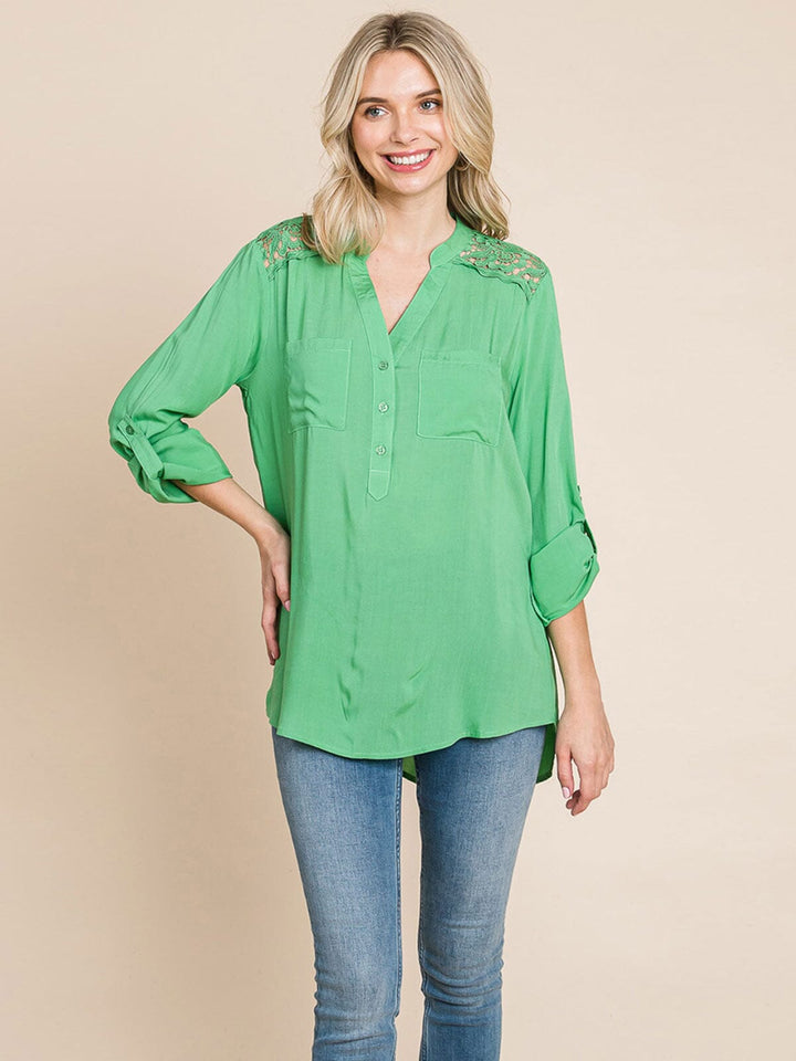 WOMEN'S LONG SLEEVE V-NECK BUTTON UP FRONT POCKETS HIGH-LOW TUNIC BLOUSE