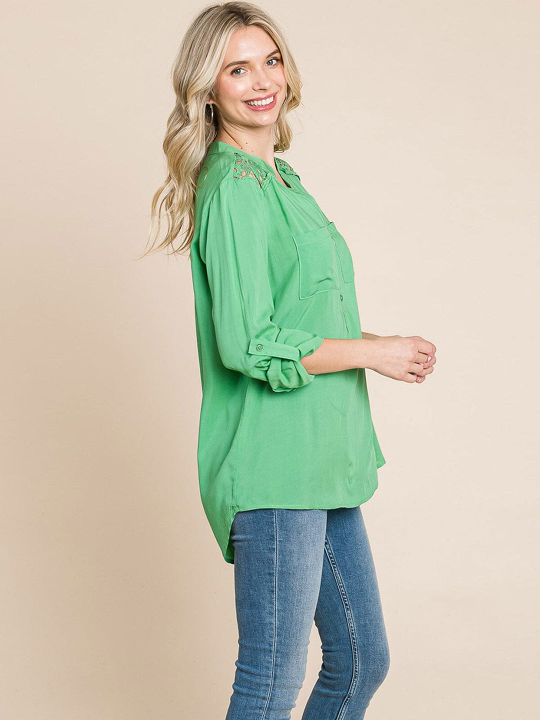 WOMEN'S LONG SLEEVE V-NECK BUTTON UP FRONT POCKETS HIGH-LOW TUNIC BLOUSE