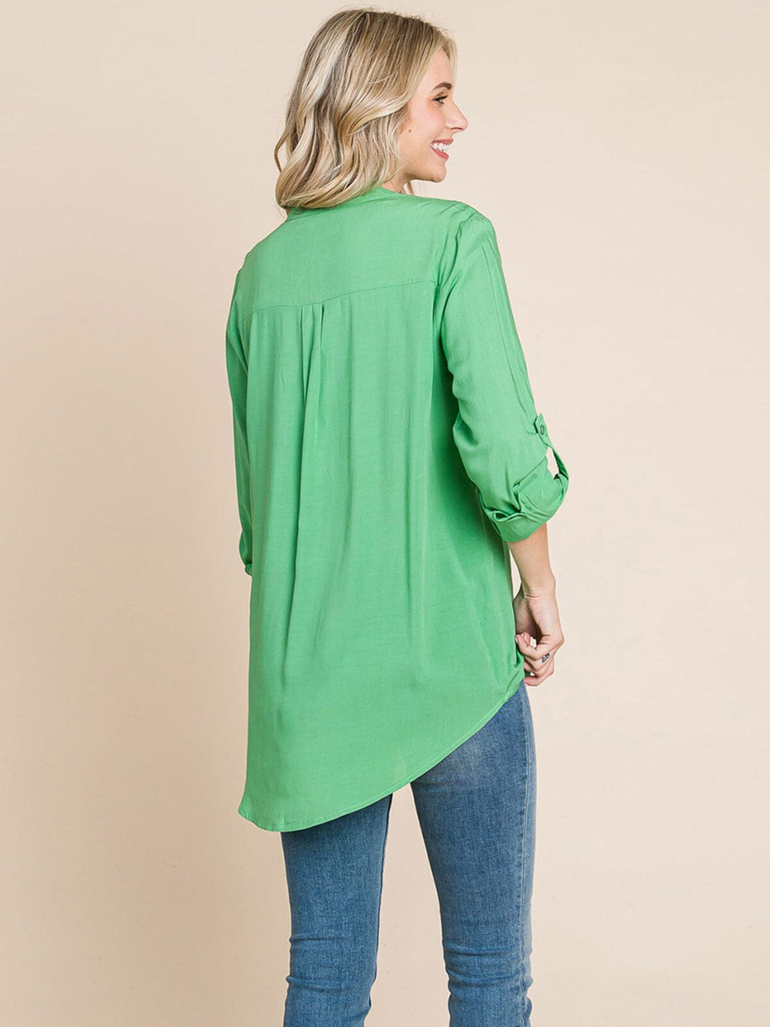 WOMEN'S LONG SLEEVE V-NECK BUTTON UP FRONT POCKETS HIGH-LOW TUNIC BLOUSE