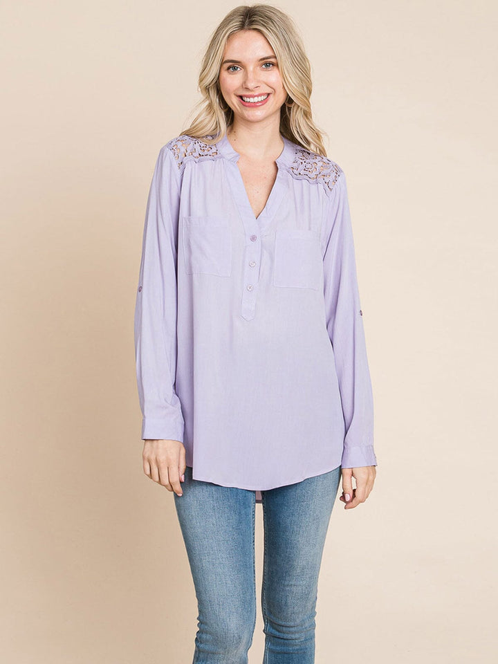 WOMEN'S LONG SLEEVE V-NECK BUTTON UP FRONT POCKETS HIGH-LOW TUNIC BLOUSE