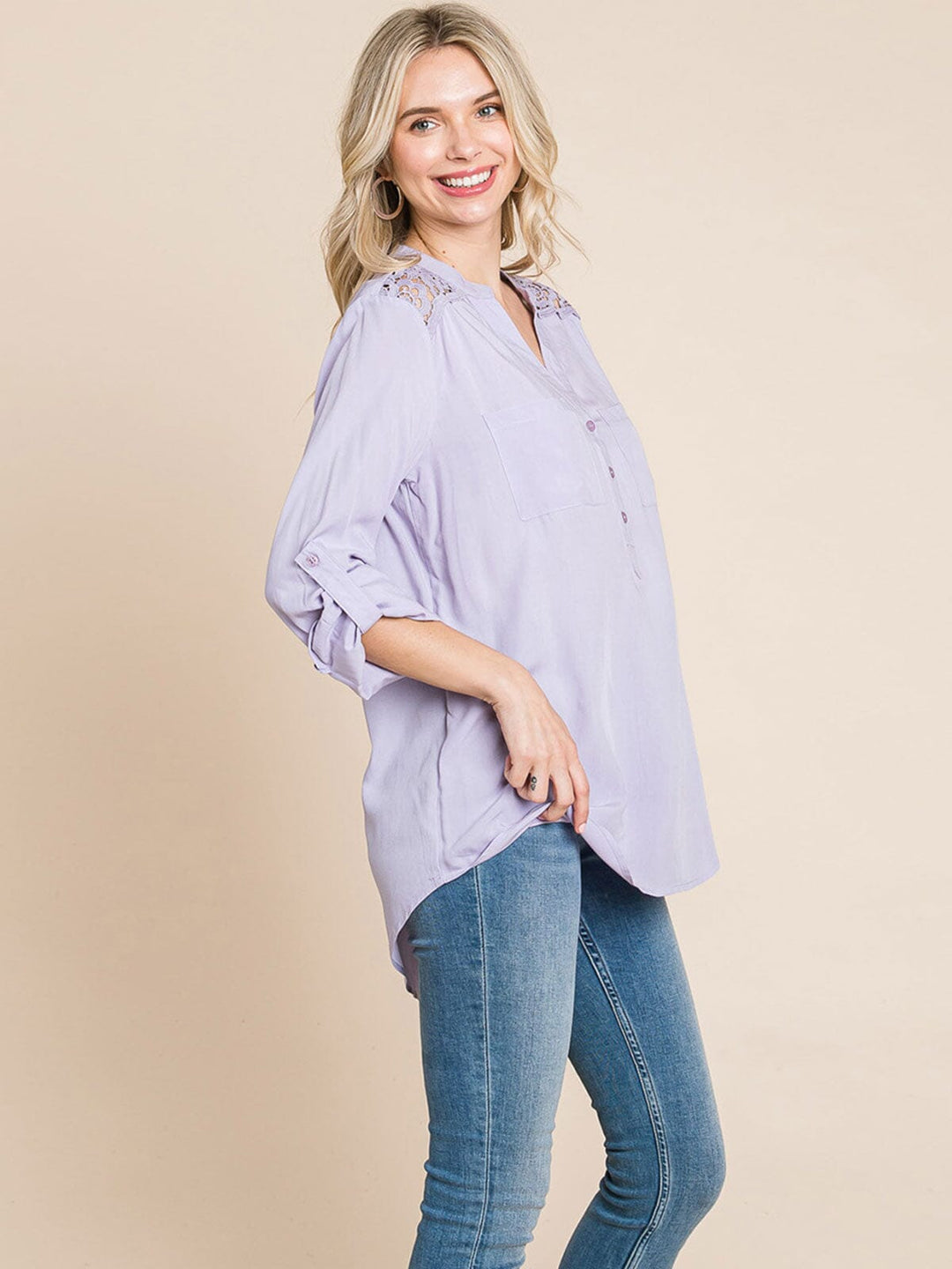 WOMEN'S LONG SLEEVE V-NECK BUTTON UP FRONT POCKETS HIGH-LOW TUNIC BLOUSE