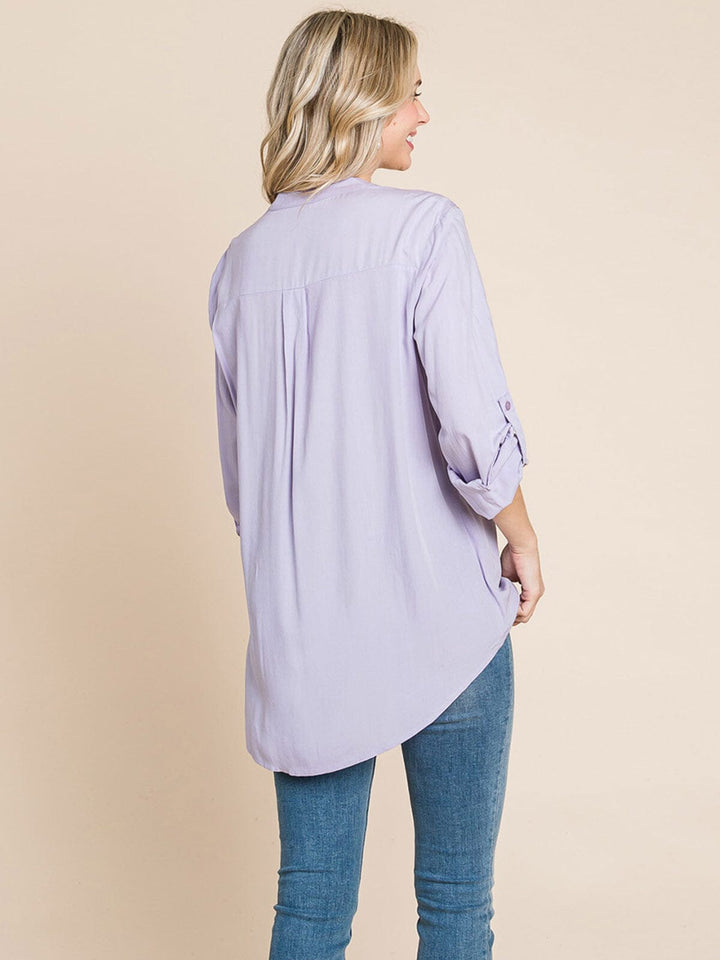 WOMEN'S LONG SLEEVE V-NECK BUTTON UP FRONT POCKETS HIGH-LOW TUNIC BLOUSE