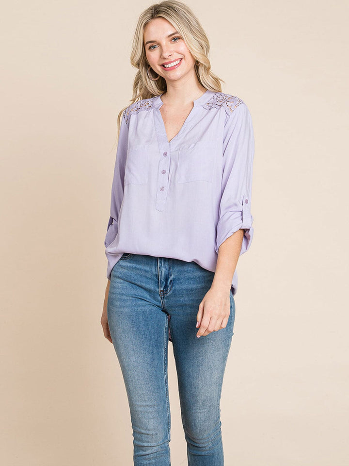 WOMEN'S LONG SLEEVE V-NECK BUTTON UP FRONT POCKETS HIGH-LOW TUNIC BLOUSE