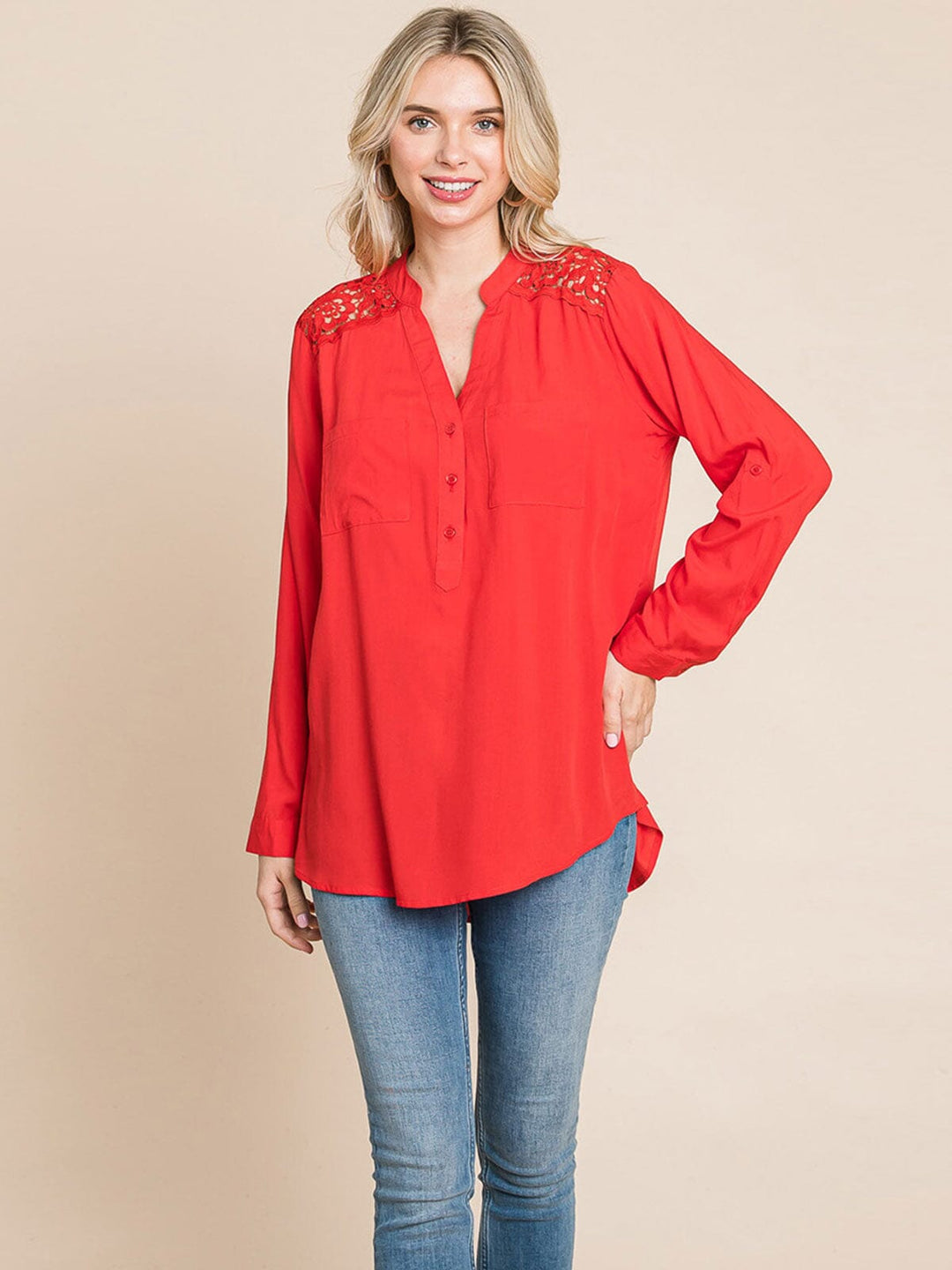 WOMEN'S LONG SLEEVE V-NECK BUTTON UP FRONT POCKETS HIGH-LOW TUNIC BLOUSE