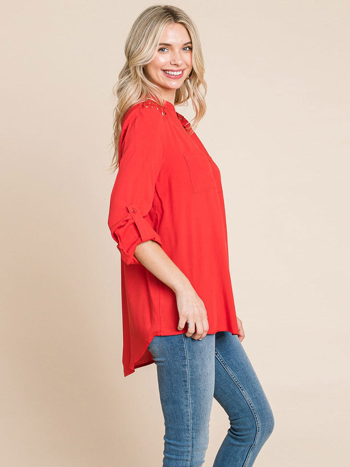 WOMEN'S LONG SLEEVE V-NECK BUTTON UP FRONT POCKETS HIGH-LOW TUNIC BLOUSE