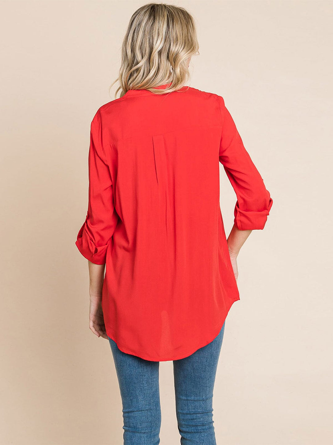 WOMEN'S LONG SLEEVE V-NECK BUTTON UP FRONT POCKETS HIGH-LOW TUNIC BLOUSE