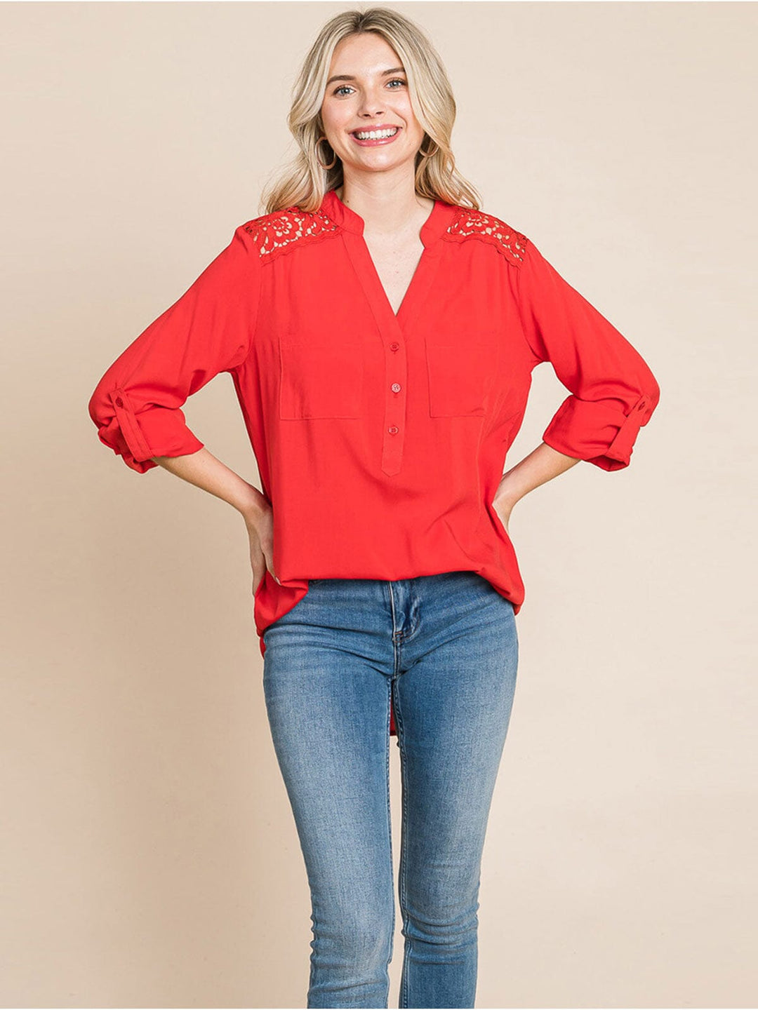 WOMEN'S LONG SLEEVE V-NECK BUTTON UP FRONT POCKETS HIGH-LOW TUNIC BLOUSE