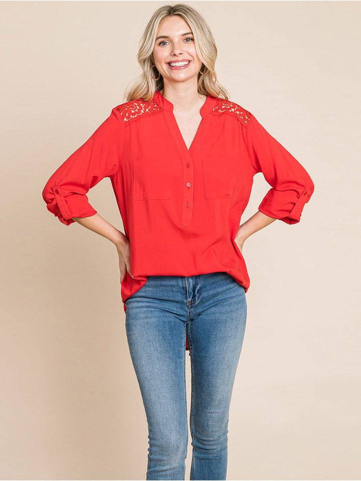 WOMEN'S LONG SLEEVE V-NECK BUTTON UP FRONT POCKETS HIGH-LOW TUNIC BLOUSE