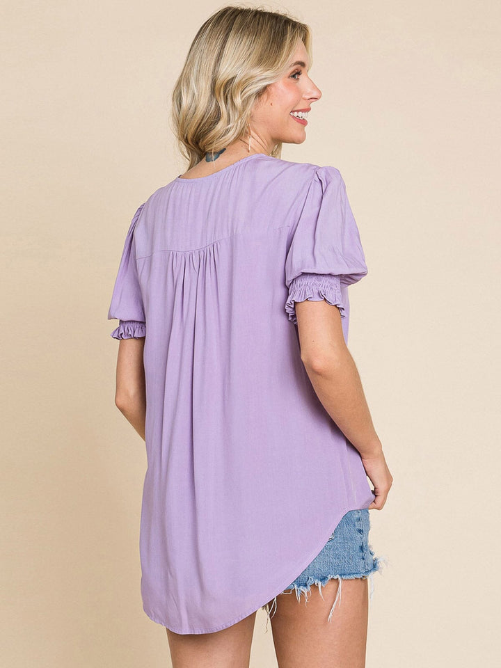 WOMEN'S SHORT PUFF SLEEVE V-NECK BUTTON UP BLOUSE