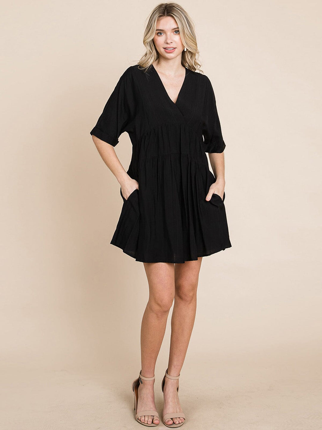 WOMEN'S SHORT SLEEVE V-NECK SURPLICE LOOSE FIT TIERED TUNIC MINI DRESS