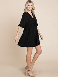 WOMEN'S SHORT SLEEVE V-NECK SURPLICE LOOSE FIT TIERED TUNIC MINI DRESS