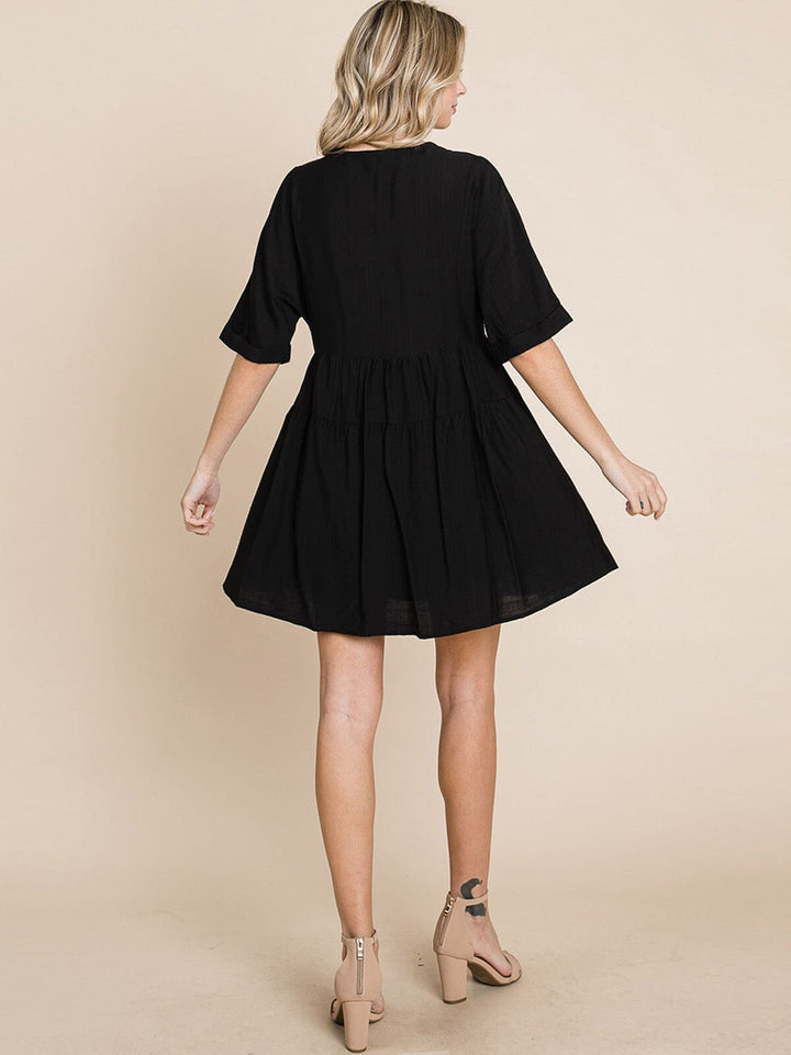 WOMEN'S SHORT SLEEVE V-NECK SURPLICE LOOSE FIT TIERED TUNIC MINI DRESS