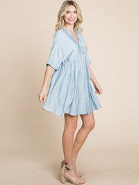 WOMEN'S SHORT SLEEVE V-NECK SURPLICE LOOSE FIT TIERED TUNIC MINI DRESS