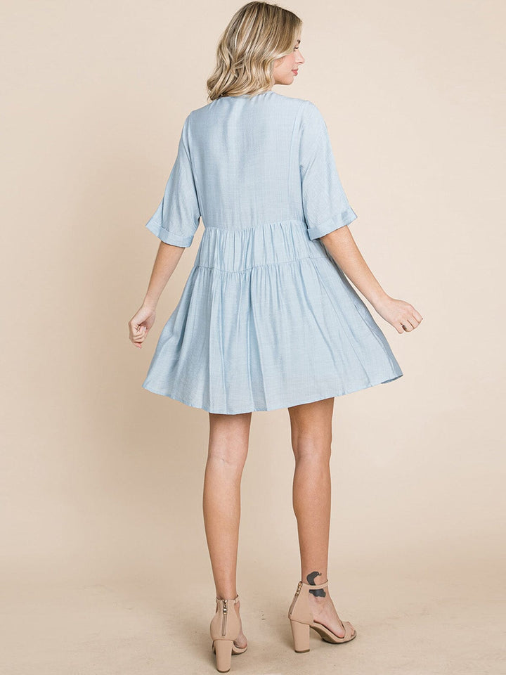 WOMEN'S SHORT SLEEVE V-NECK SURPLICE LOOSE FIT TIERED TUNIC MINI DRESS