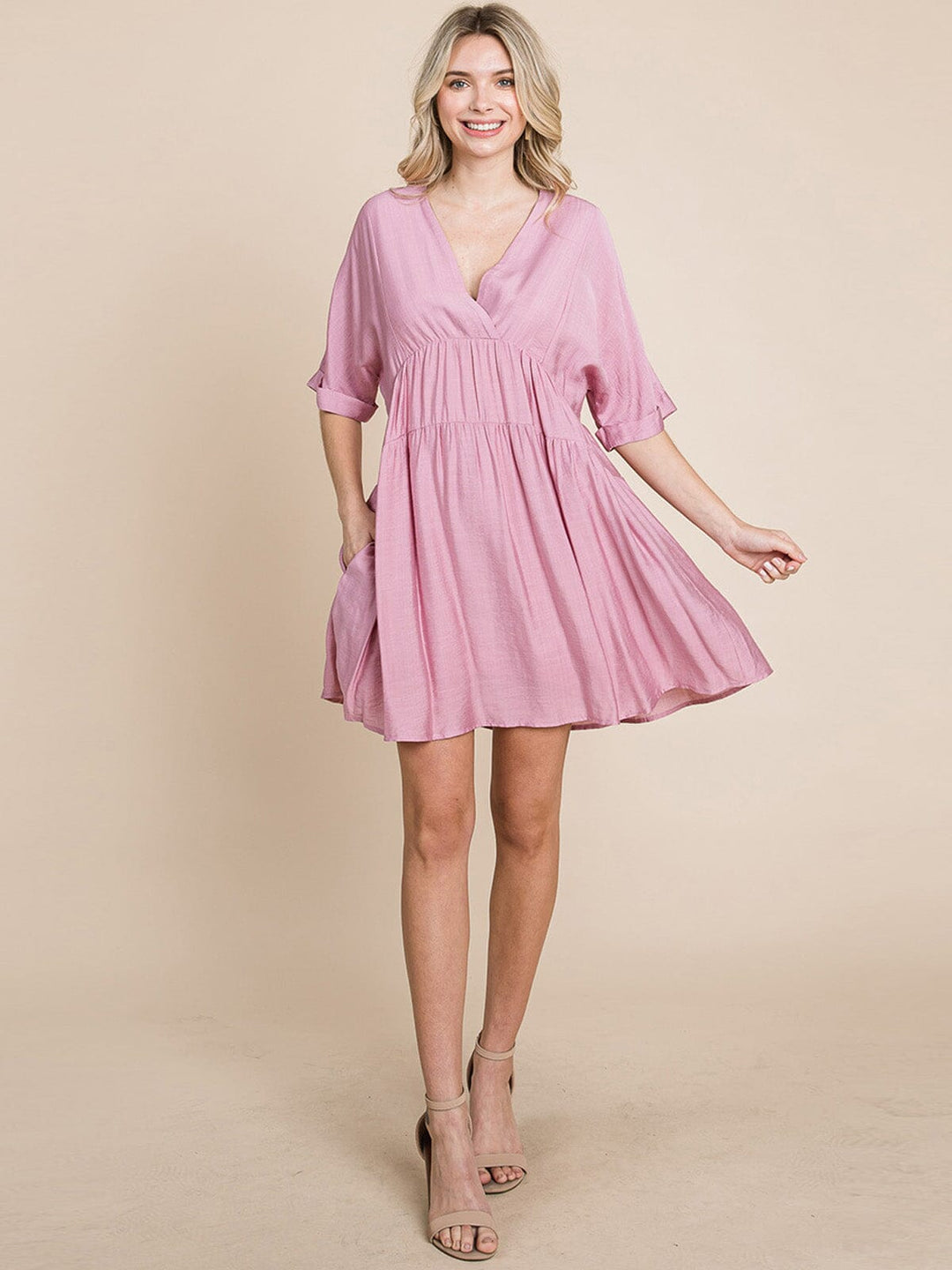 WOMEN'S SHORT SLEEVE V-NECK SURPLICE LOOSE FIT TIERED TUNIC MINI DRESS