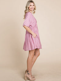 WOMEN'S SHORT SLEEVE V-NECK SURPLICE LOOSE FIT TIERED TUNIC MINI DRESS