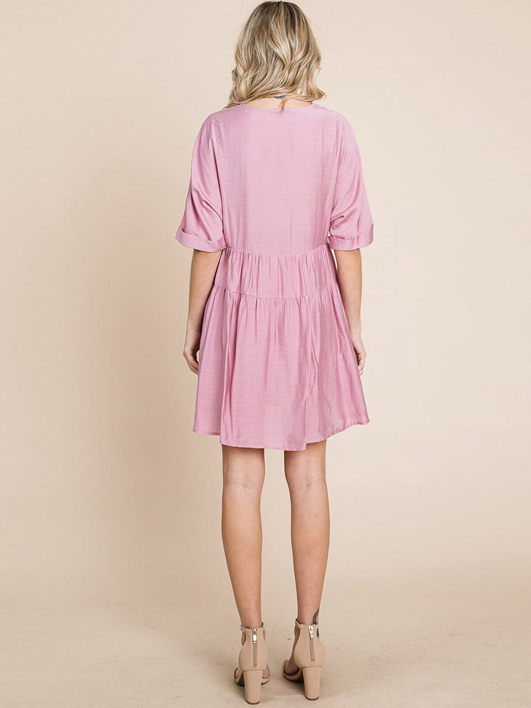 WOMEN'S SHORT SLEEVE V-NECK SURPLICE LOOSE FIT TIERED TUNIC MINI DRESS