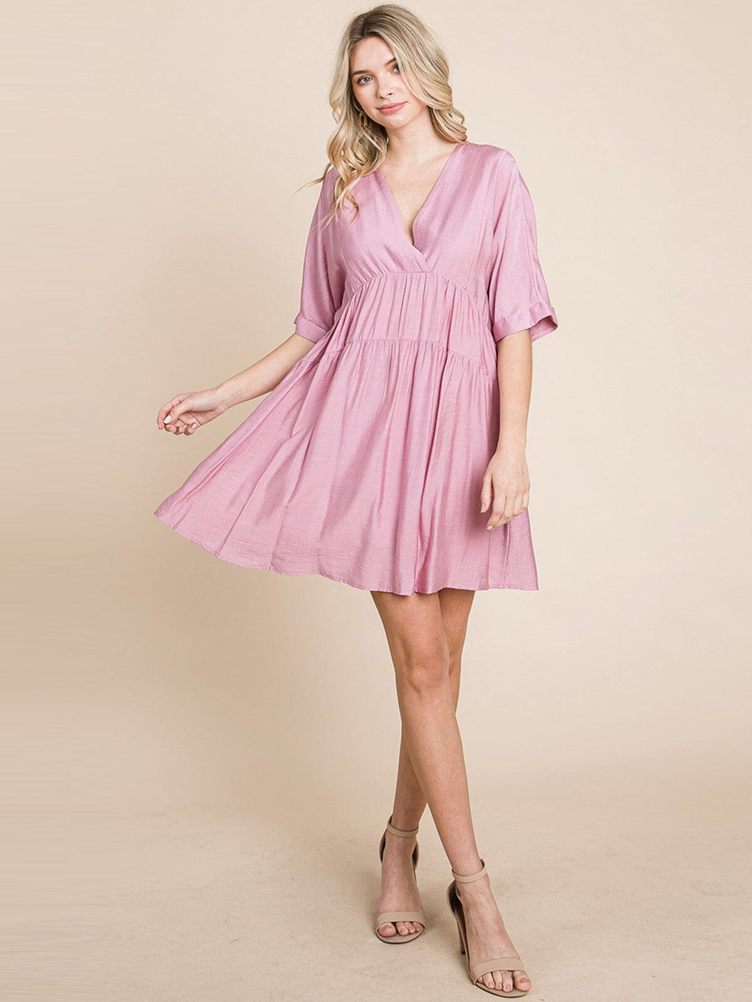 WOMEN'S SHORT SLEEVE V-NECK SURPLICE LOOSE FIT TIERED TUNIC MINI DRESS