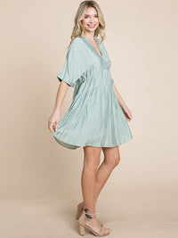 WOMEN'S SHORT SLEEVE V-NECK SURPLICE LOOSE FIT TIERED TUNIC MINI DRESS