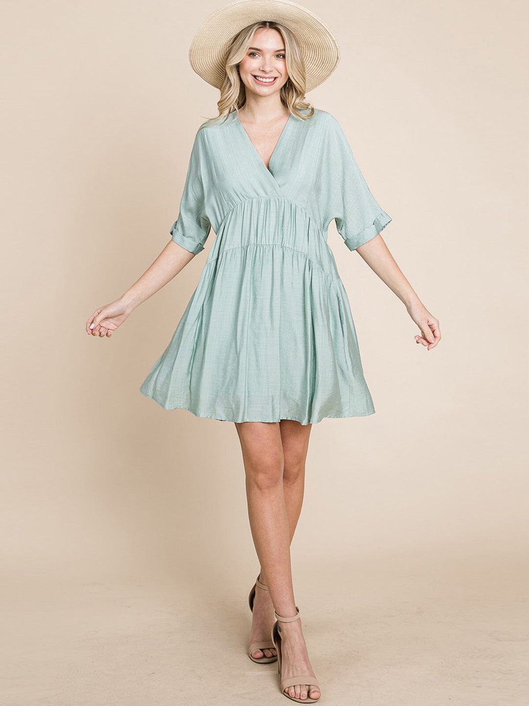 WOMEN'S SHORT SLEEVE V-NECK SURPLICE LOOSE FIT TIERED TUNIC MINI DRESS