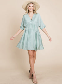WOMEN'S SHORT SLEEVE V-NECK SURPLICE LOOSE FIT TIERED TUNIC MINI DRESS