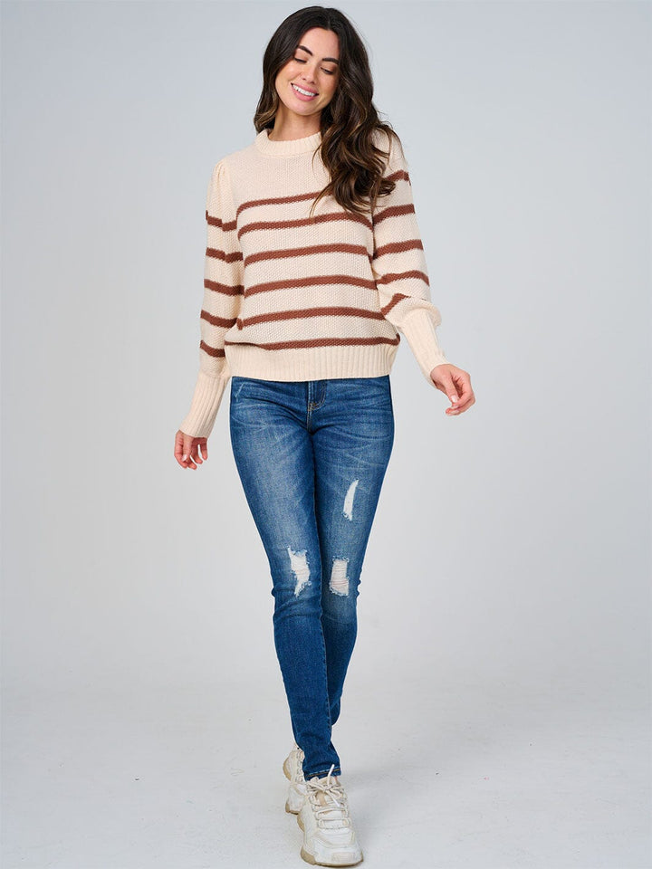 WOMEN'S LONG SLEEVE COLORBLOCK STRIPES KNIT PULLOVER SWEATER