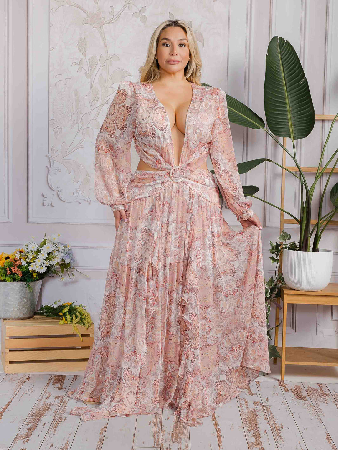 PLUS SIZE LONG SLEEVE V-NECK OPEN BACK MULTI PRINT MAXI DRESS