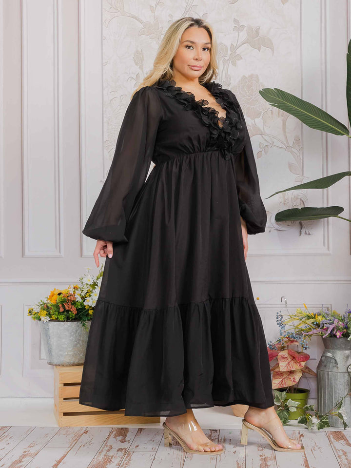 PLUS SIZE LONG SLEEVE V-NECK RUFFLE OPEN BACK TIE MAXI DRESS