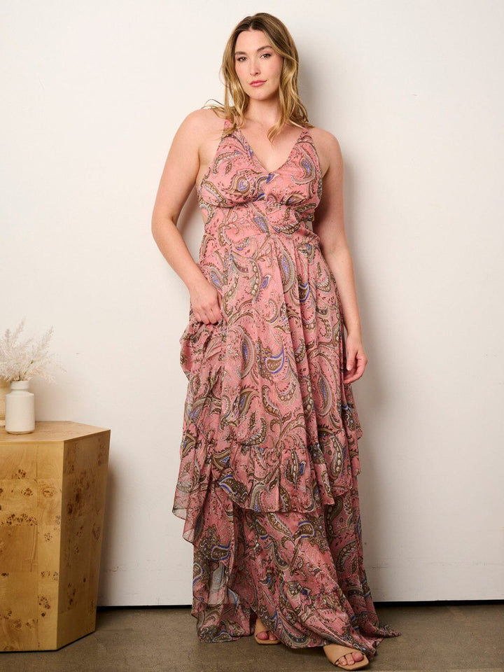 PLUS SIZE SLEEVELESS OPEN BACK V-NECK PAISLEY MAXI DRESS