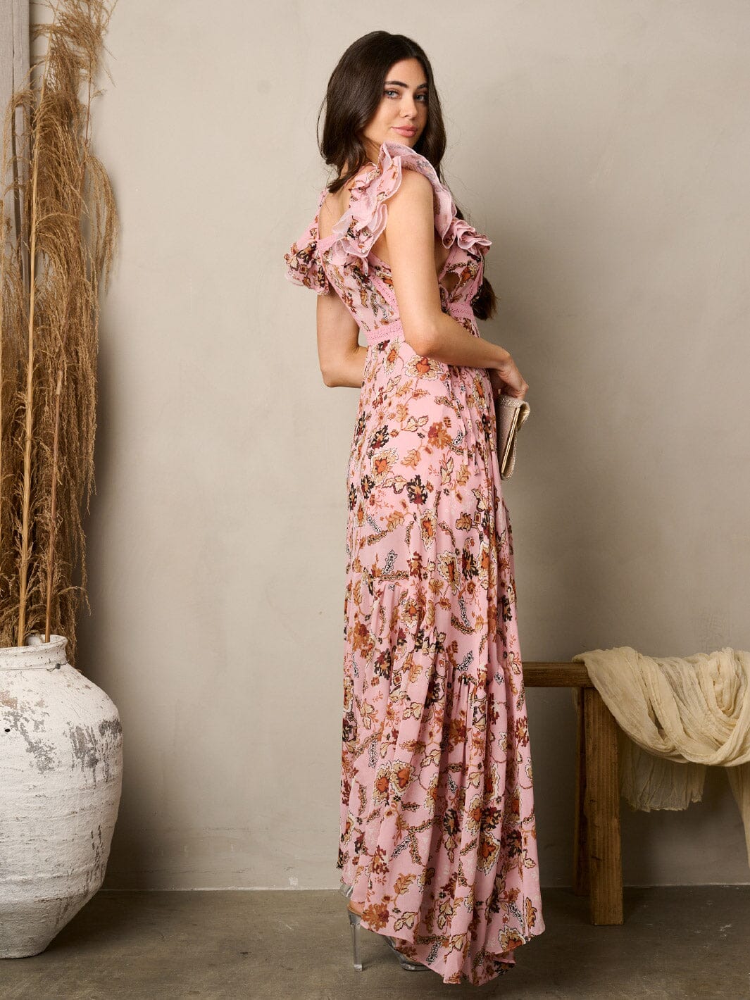 WOMEN'S SLEEVELESS RUFFLE FLORAL MAXI DRESS