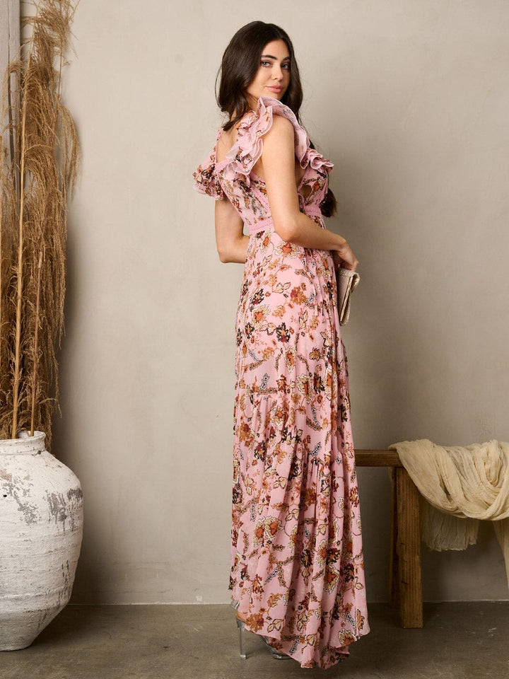 WOMEN'S SLEEVELESS RUFFLE FLORAL MAXI DRESS