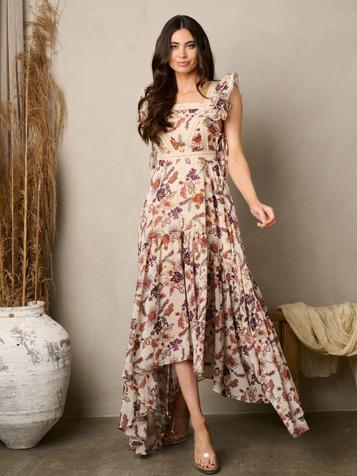 WOMEN'S SLEEVELESS RUFFLE FLORAL MAXI DRESS