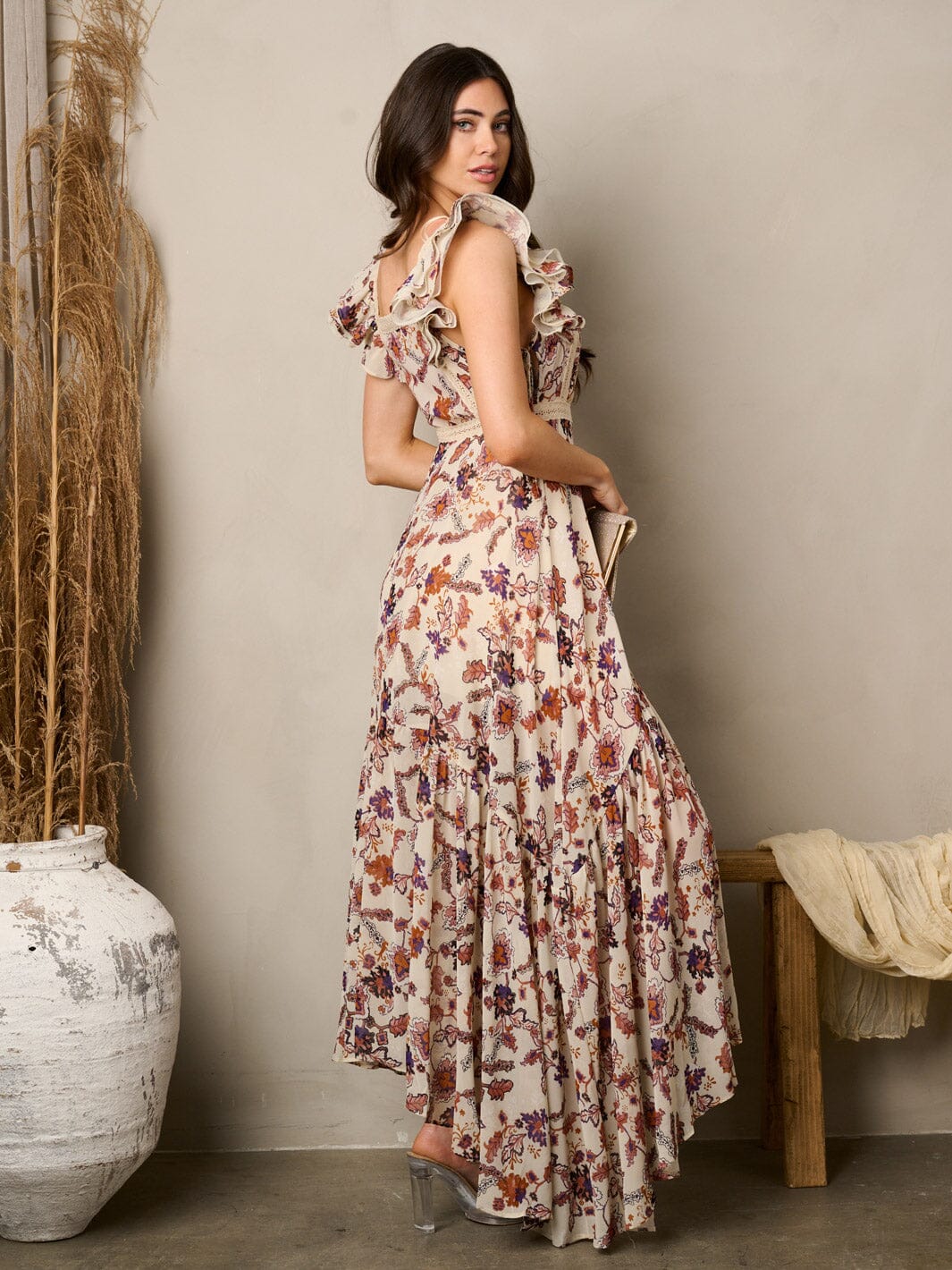 WOMEN'S SLEEVELESS RUFFLE FLORAL MAXI DRESS