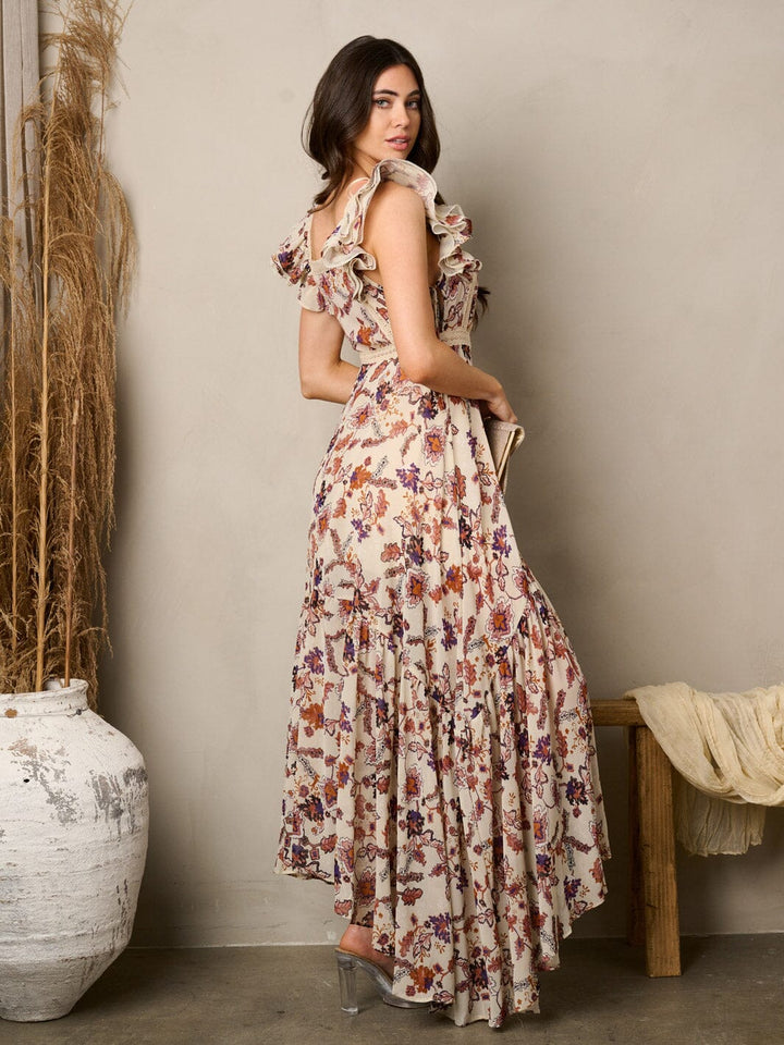 WOMEN'S SLEEVELESS RUFFLE FLORAL MAXI DRESS