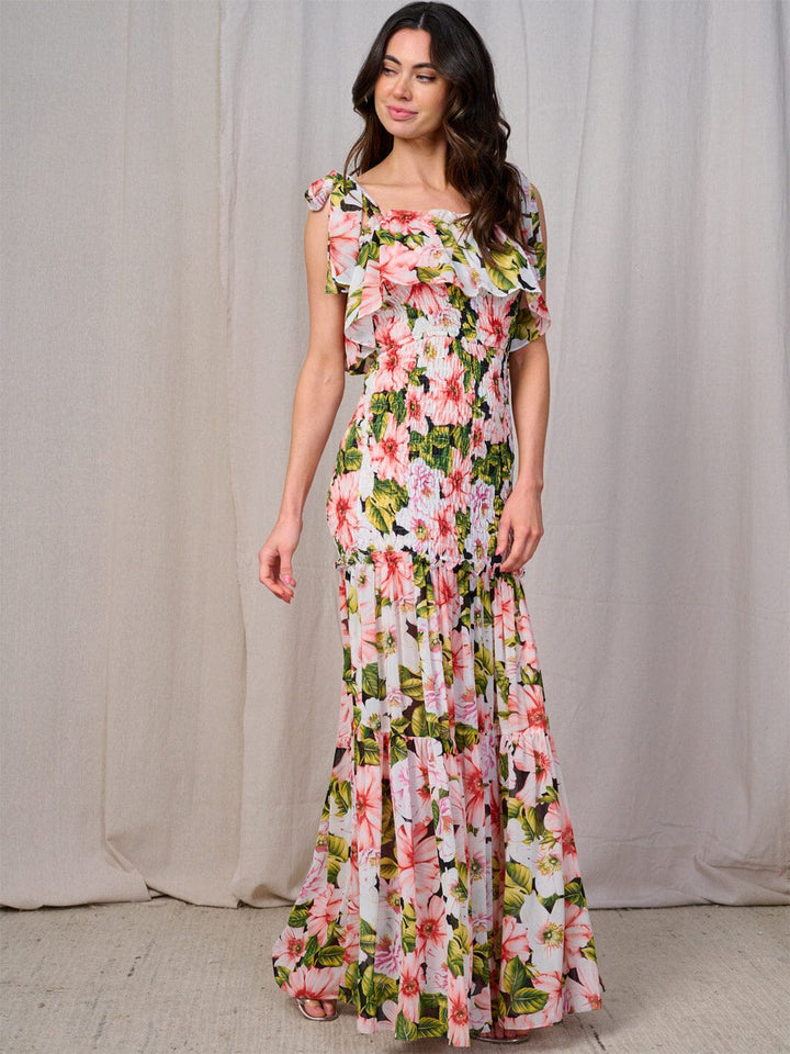 WOMEN'S SLEEVELESS SMOCK BODYCE TIERED FLORAL MAXI DRESS