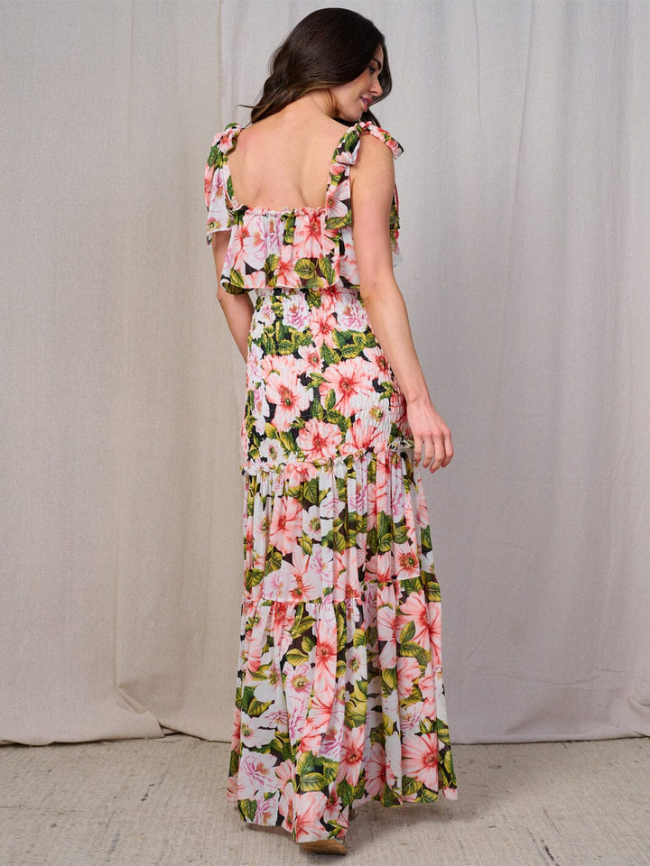 WOMEN'S SLEEVELESS SMOCK BODYCE TIERED FLORAL MAXI DRESS