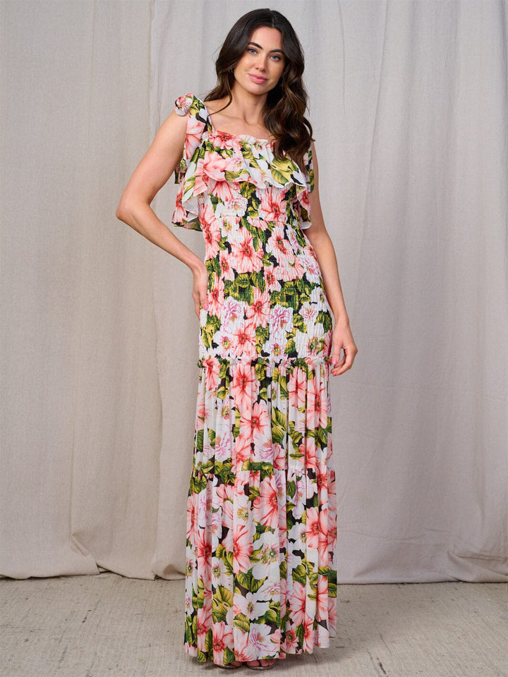 WOMEN'S SLEEVELESS SMOCK BODYCE TIERED FLORAL MAXI DRESS