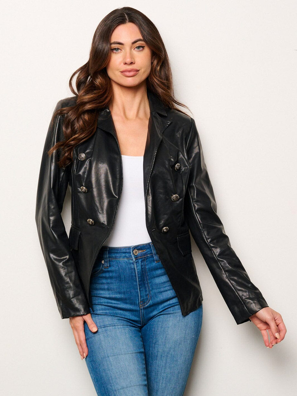 WOMEN'S LONG SLEEVE BUTTON CLOSURE POCKETS PU PLEATHER JACKET