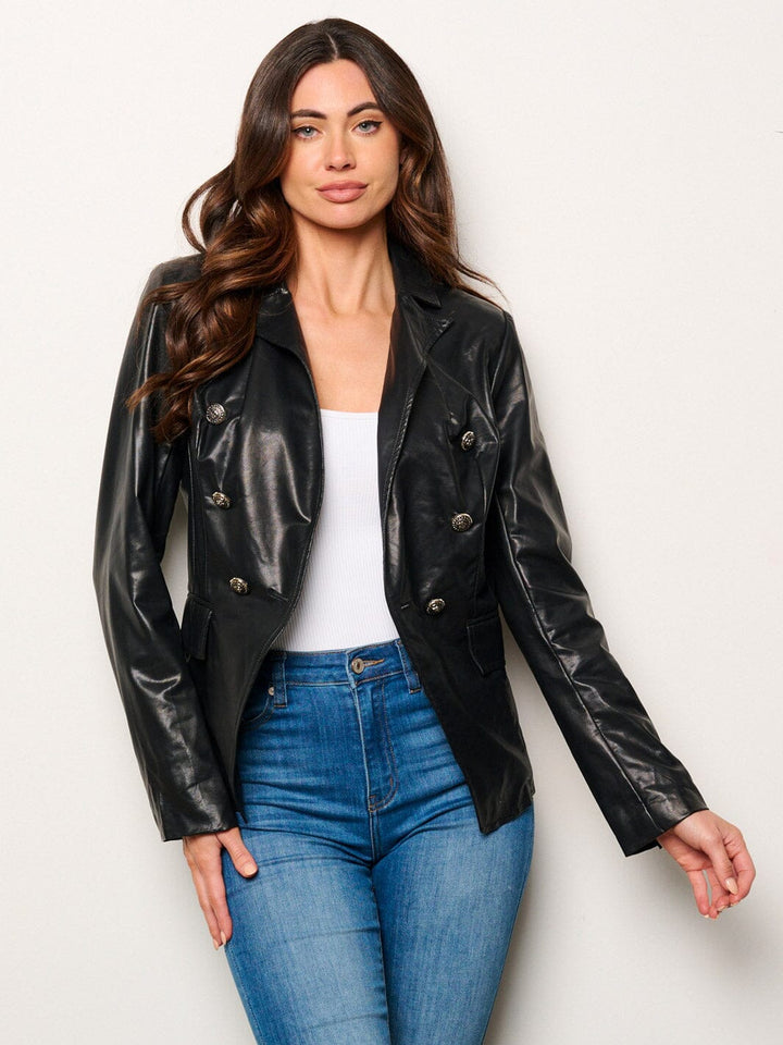WOMEN'S LONG SLEEVE BUTTON CLOSURE POCKETS PU PLEATHER JACKET