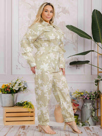 PLUS SIZE LONG SLEEVE BUTTON UP SMOCK WAIST BELTED FLORAL PRINT JUMPSUIT