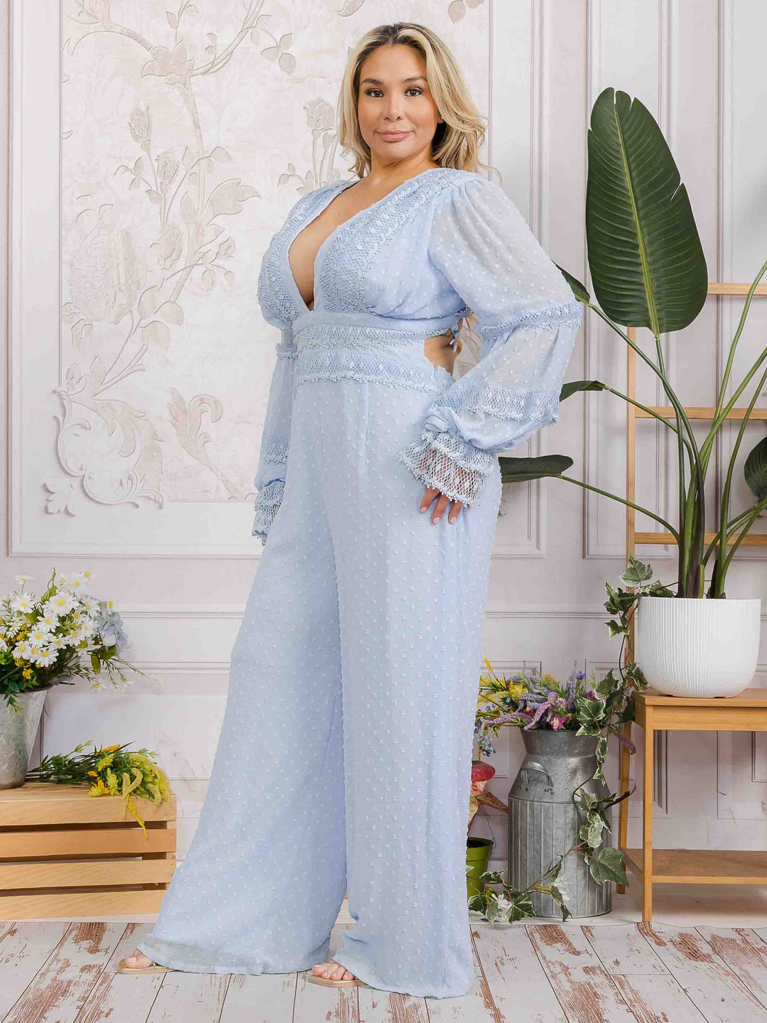 PLUS SIZE LONG SLEEVE V-NECK OPEN BACK SWISS DOT WIDE LEG JUMPSUIT