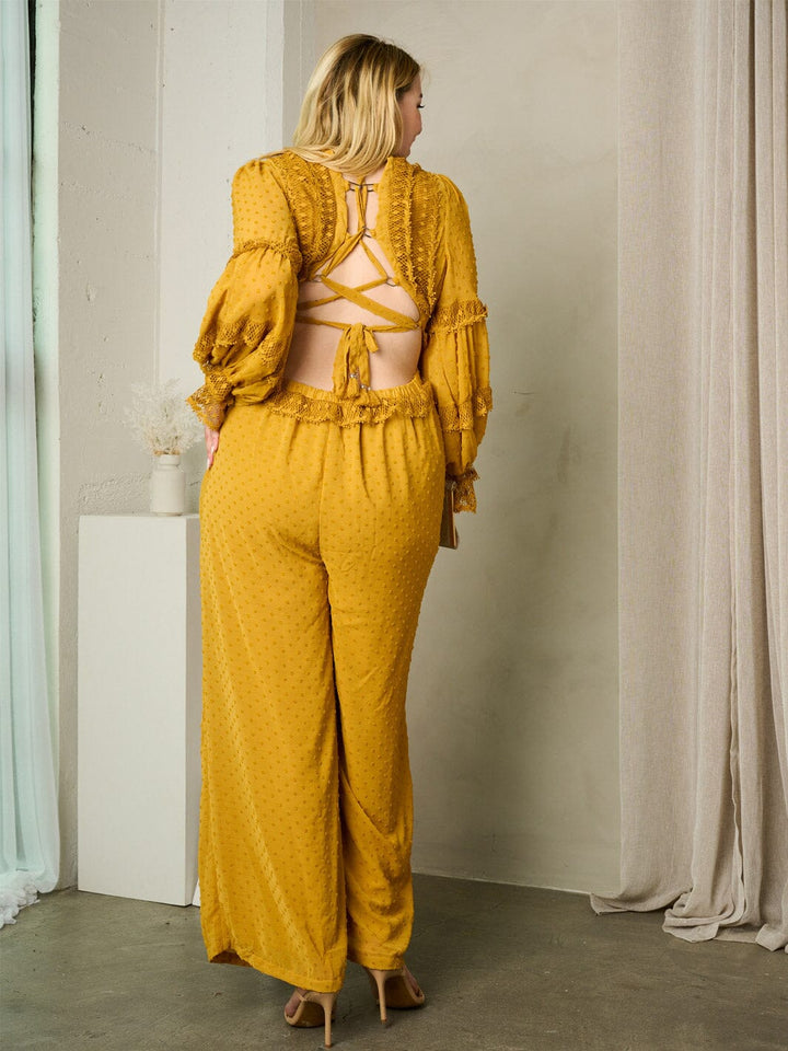 PLUS SIZE LONG SLEEVE V-NECK OPEN BACK SWISS DOT JUMPSUIT