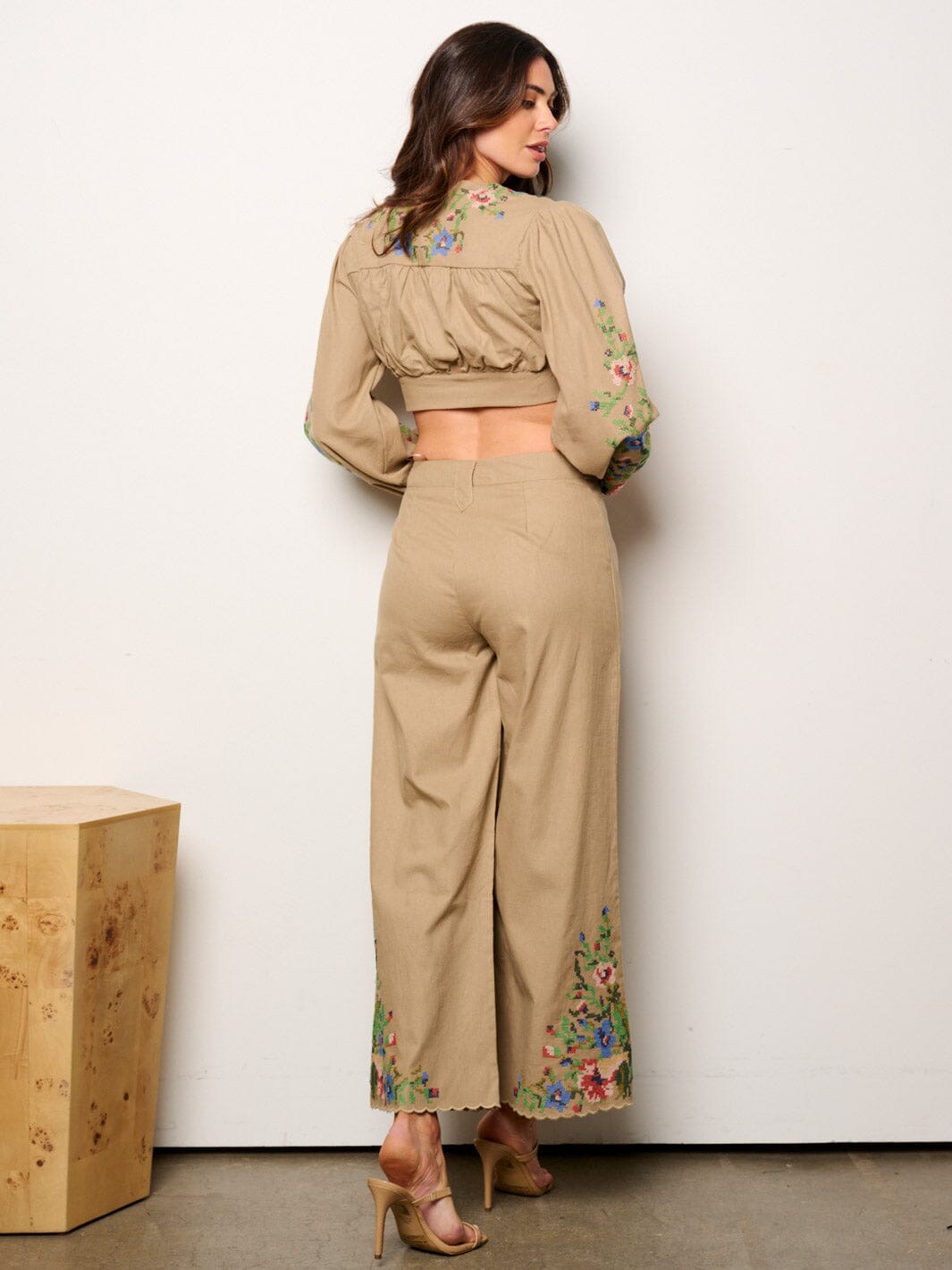 WOMEN'S LONG SLEEVE CROP TOP & PALAZZO PANTS EMBROIDERY DETAILED 2PC.SET