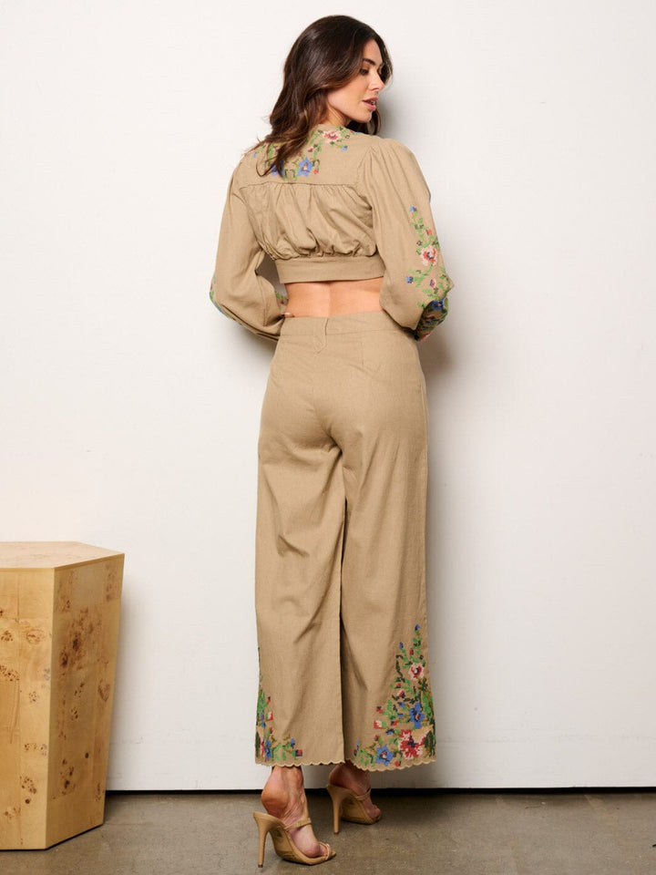 WOMEN'S LONG SLEEVE CROP TOP & PALAZZO PANTS EMBROIDERY DETAILED 2PC.SET