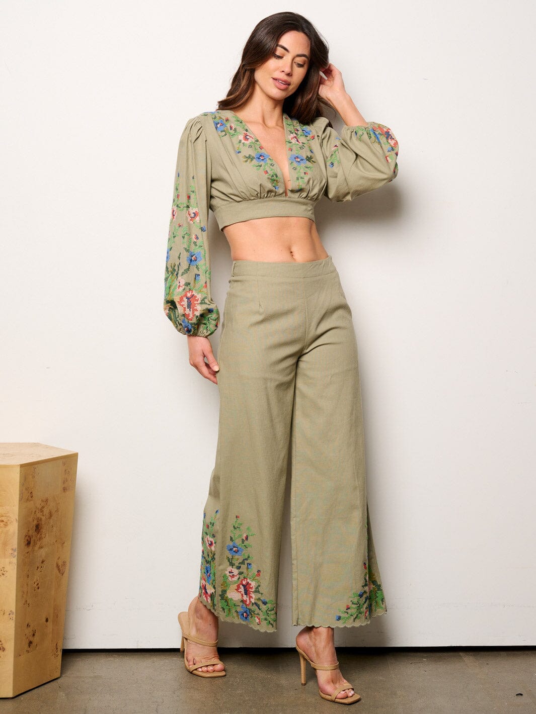 WOMEN'S LONG SLEEVE CROP TOP & PALAZZO PANTS EMBROIDERY DETAILED 2PC.SET