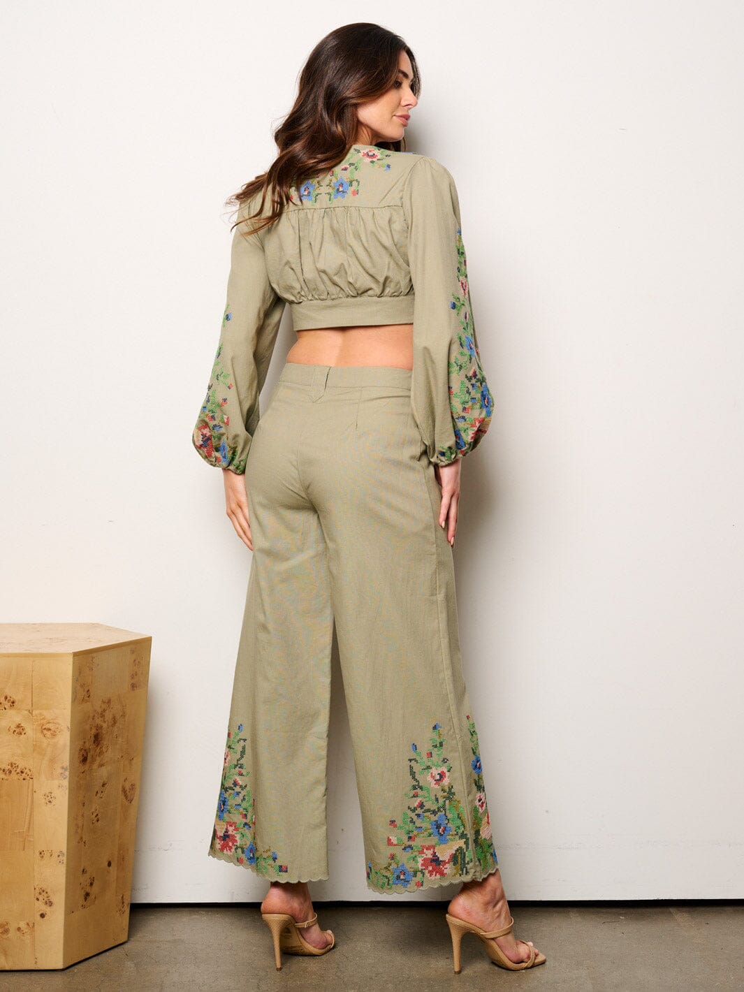 WOMEN'S LONG SLEEVE CROP TOP & PALAZZO PANTS EMBROIDERY DETAILED 2PC.SET