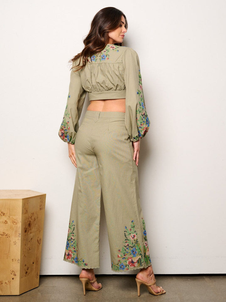 WOMEN'S LONG SLEEVE CROP TOP & PALAZZO PANTS EMBROIDERY DETAILED 2PC.SET